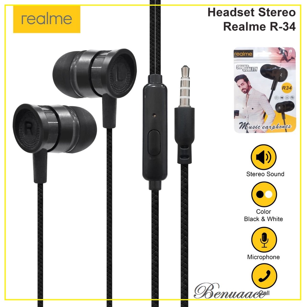 (ba) HF / Headset Realme R-34 Earphone Stereo Music Mic Telpon