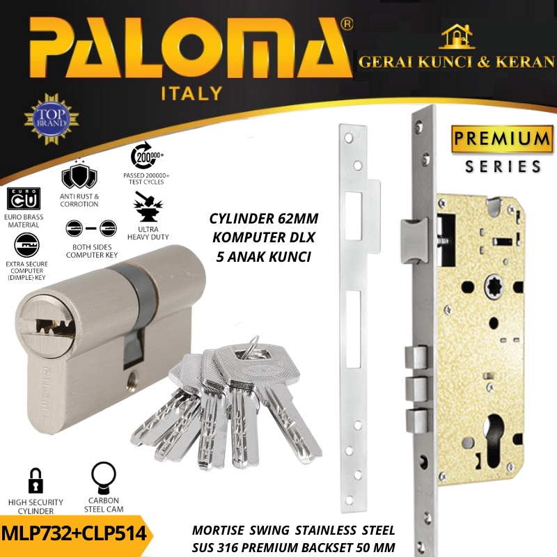 PALOMA MORTISE LOCK SET CYLINDER MLP 732 CLP 514 BODY KUNCI SWING 50MM CYLINDER 62MM KOMPUTER KEY STAINLESS