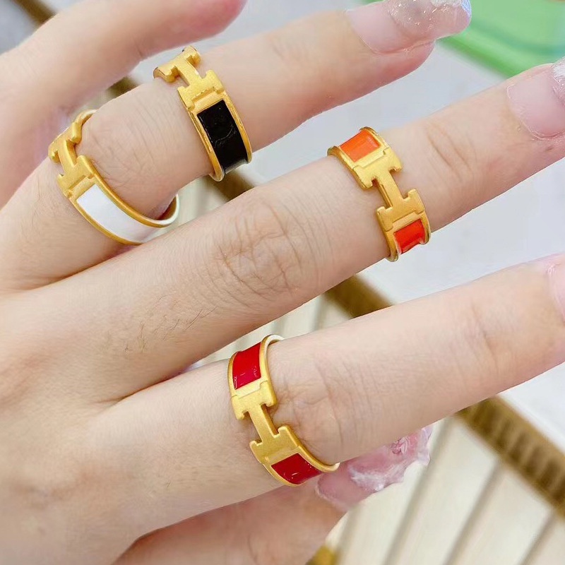 Goldkingdom Perhiasan Fashion Emas Asli Kadar 375 Bangkok Aksesoris Ready Stock Berlapis 3D-cincin Emas Dengan Enamel Merah Warna Drop Perekat Huruf H Cincin Yang Dapat Disesuaikan