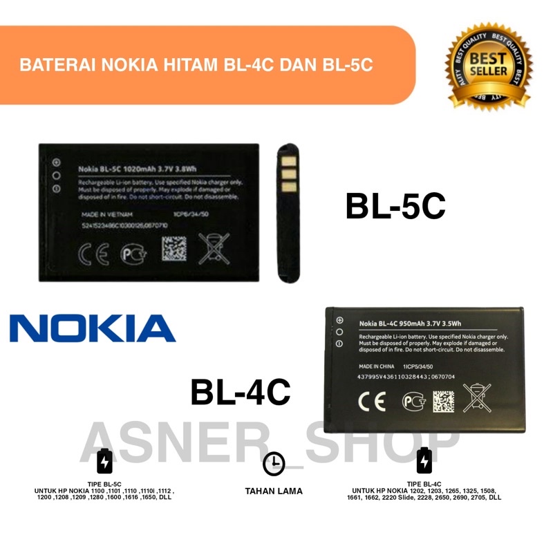 Baterai Nokia BL5C BL4C Bat Packing Panjang Hitam BL-5C BL-4C