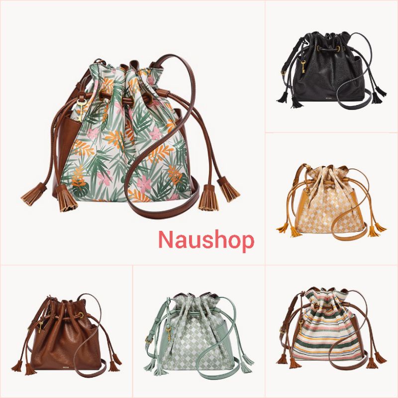 F ossil FSL Rayna Drawstring crossbody Black Brown White Tan Light Sage Spring Stripe Leaf Green