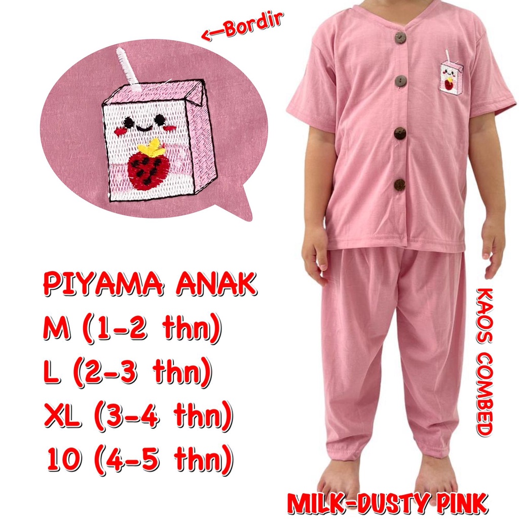 (1 KG MUAT 6 STEL) BAJU TIDUR ANAK KIDS PEREMPUAN/CEWEK SETELAN/STELAN BAHAN KAOS KATUN CP KANCING BORDIR MILK/SUSU STRAWBERRY DUSTY PINK