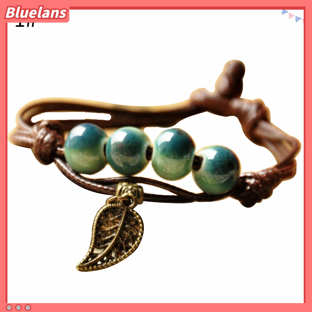 Bluelans Ethnic Leaf Cat Charm Ceramics Beaded Bracelet Women Handwoven Jewelry Gift