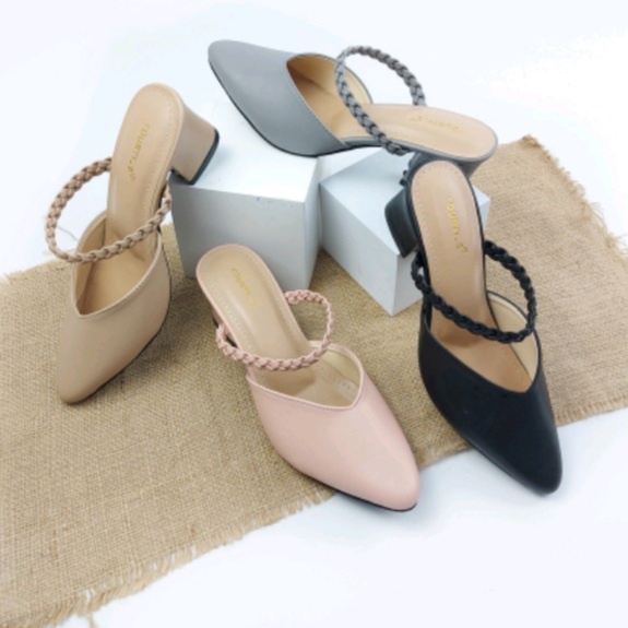 Sepatu Sandal Mules Hak Tinggi 5cm Variasi Tali Kepang Nesanh - NAKAMA Heels Wanita Hak Tinggi (5-8 cm)