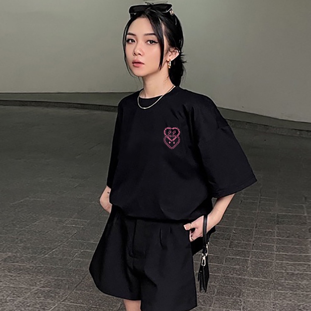 EUNII T-shirt Lengan Pendek Modis Cinta Pencetakan Longgar Korean Style/Kaos Atasan Wanita/Baju Kaus Oversize Wanita