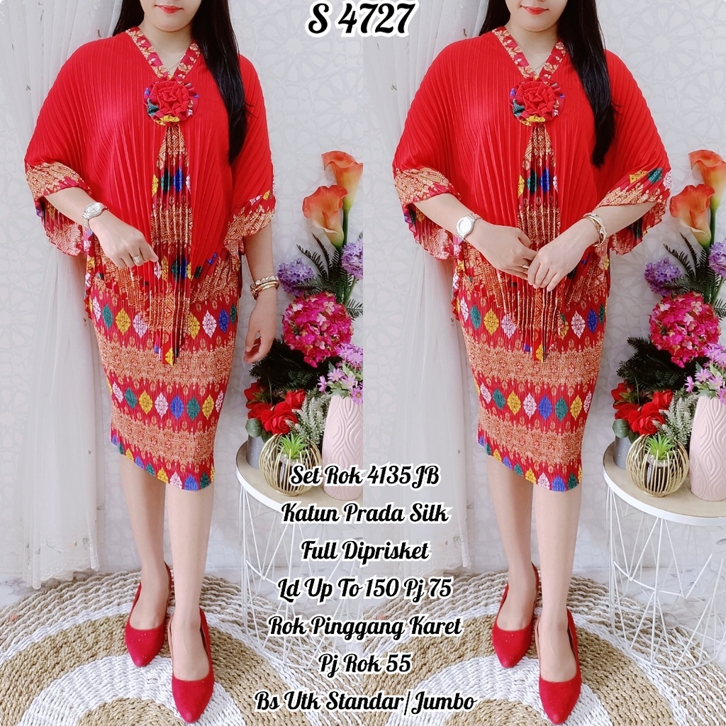STYLE SETELAN. BAJU ATASAN+ROK KATUN PLISKET MERAH JUMBO SET.WANITA PREMIUM