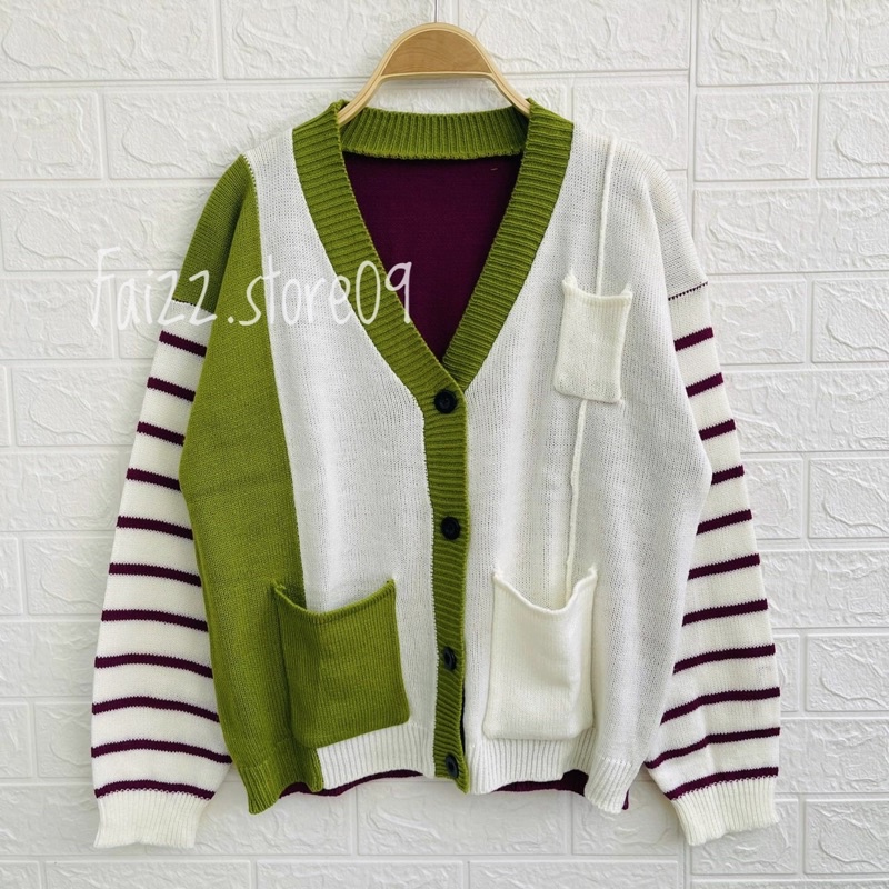 REGINA CARDIGAN RAJUT SAKU OVERSIZE MOTIF GARIS STRIPES TANGAN WANITA