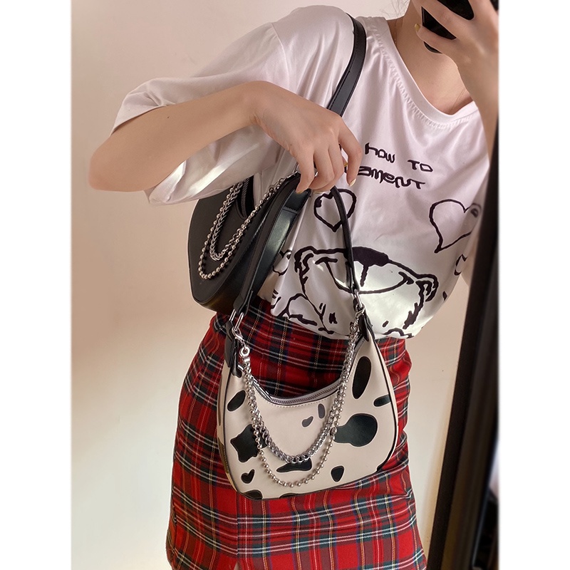 Suhao French niche bag wanita musim panas 2021 baru trendi fashion cow pattern underarm bag all-match ins chain messenger bag