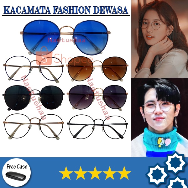 Kacamata Oval Full Besi Unisex Lensa Anti UV Kaca Mata Gaya Lensa Hitam dan Transparan Pria dan Wanita FREECASE