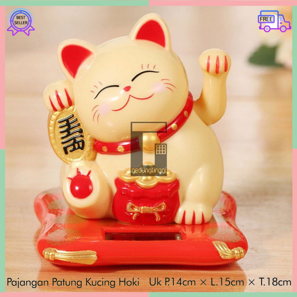 Hiasan Pajangan Patung Kucing Hoki Lucky Cat Maneki Neko Maneko Neki Keberuntungan Rejeki Rezeki Tangan Goyang Gerak China Cina Jepang Solar Non Baterai Batre Batrai Listrik Meja Toko Kasir Dashboard Mobil Size Ukuran Besar Big Medium Sedang Small Kecil