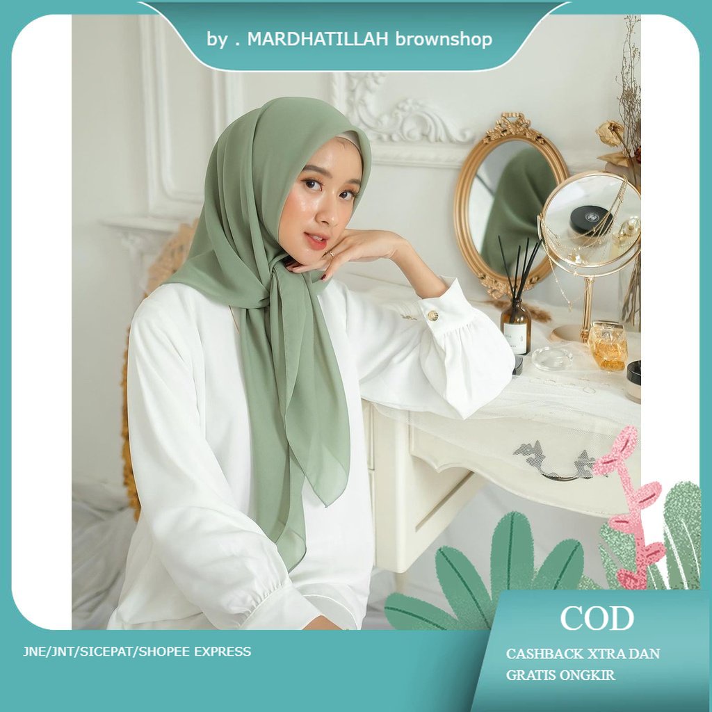 kerudung jiilbab / hijab segi empat bahan bella square polos jahit tepi neci murah premium warna hijau matcha / sage green