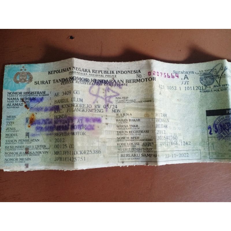DOKUMEN PAJAK STNK VARIO 2012 ASLI