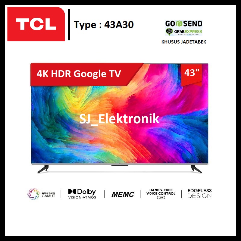 LED TV TCL 43 Inch 43A30 4K HDR Google TV Dolby-Atmos