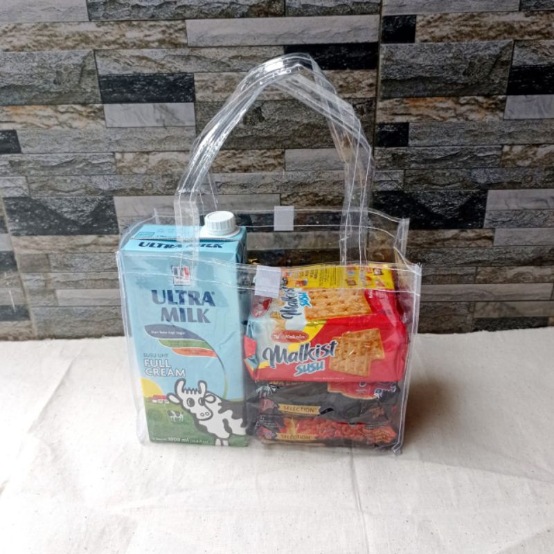 Tas hampers natal mika polos bening/ tas parcel transparan S jumbo (25*10*20)
