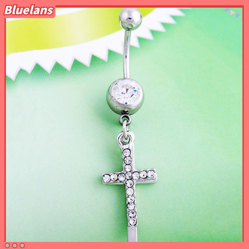 Bluelans Rhinestone Double Cross Dangle Navel Belly Button Barbell Ring Body Piercing Jewelry