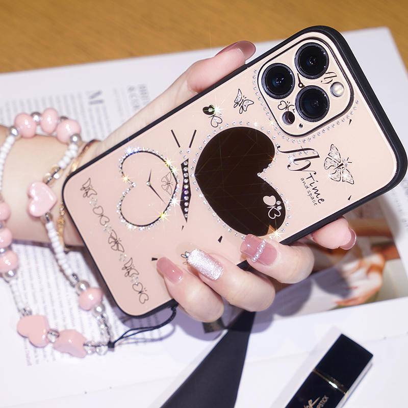 Case Pelindung Lensa Mini Glitter Berlian Imitasi Dengan Gelang Manik-Manik Untuk iPhone 14 13 12 11 Pro Max Plus 12Mini 14Plus