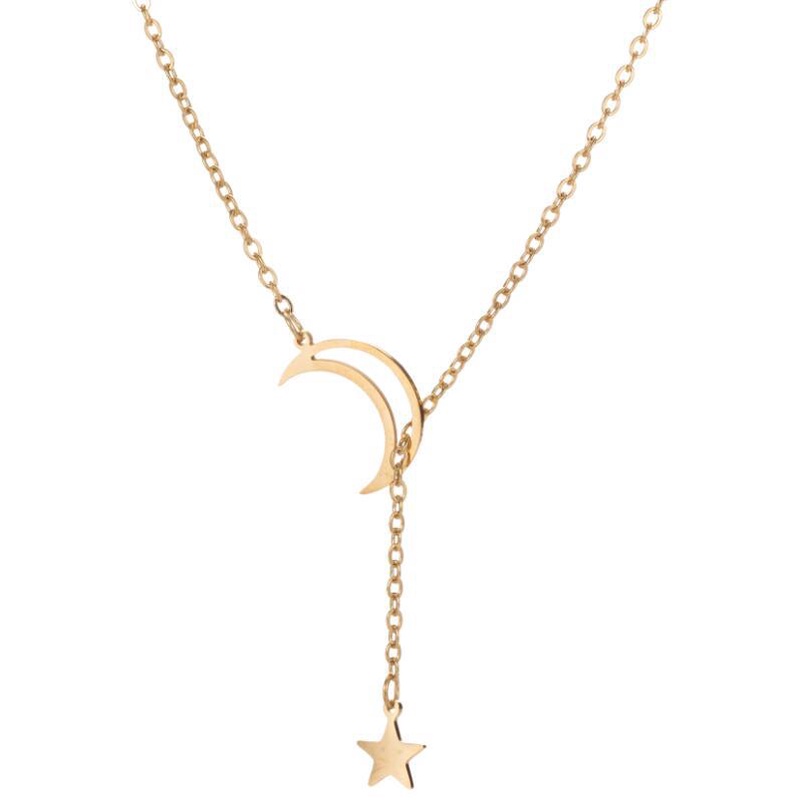 Kalung Rantai Klavikula Hias Liontin Bulan Bintang Geometris Gaya Korea Untuk Wanita