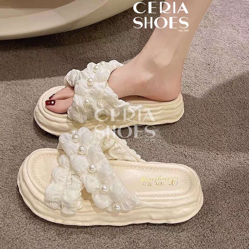 PVC Sandal Slop Wanita Jelly Import Motif Kain Mutiara Bahan LEntur Empuk Tebal Non-Slip Sole Super Soft Cross Cake