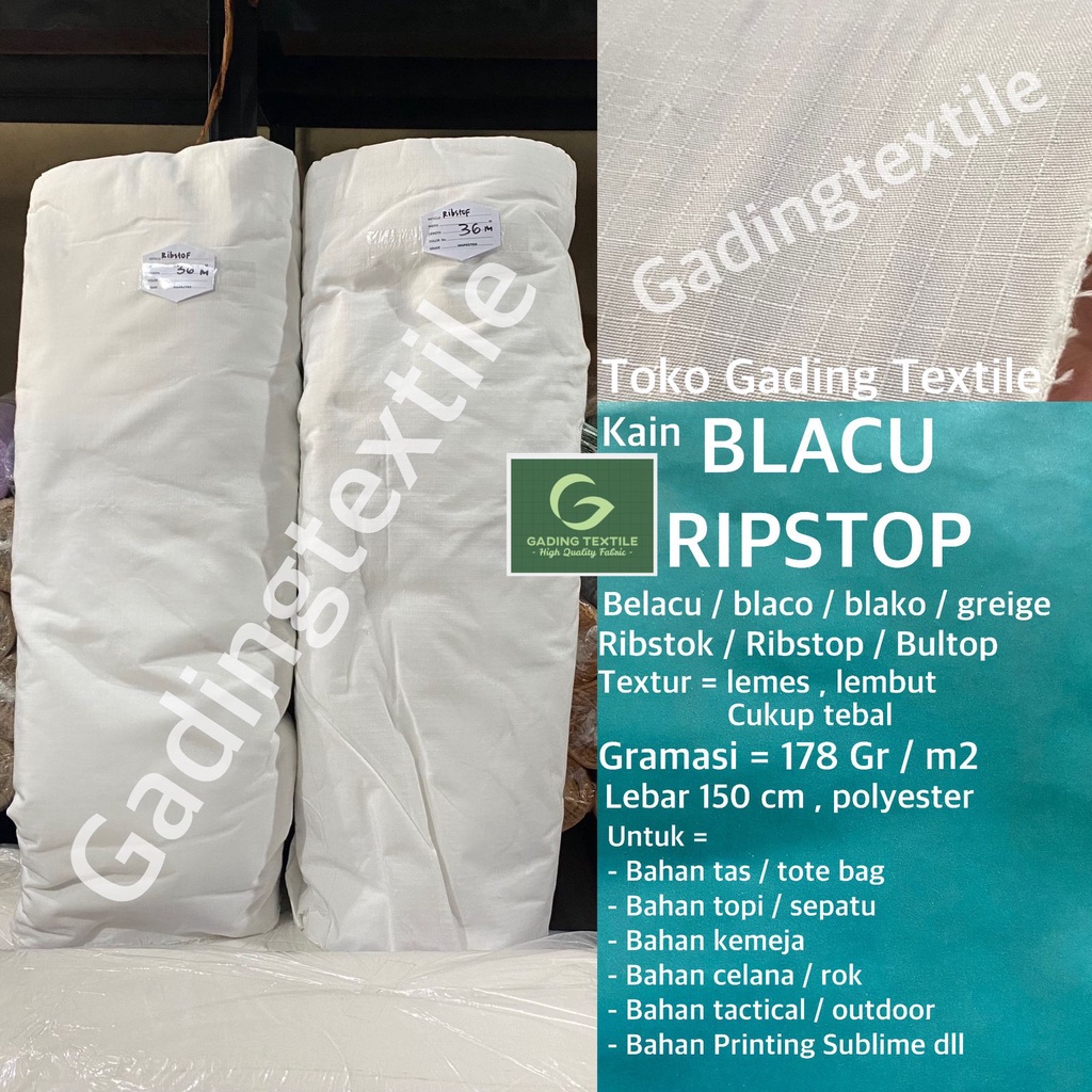 ( per setengah meter ) kain BLACU RIPSTOP BW lebar 150 cm belacu blaco ribstok bultop polyester bahan tas topi sepatu baju kemeja celana printing sublime