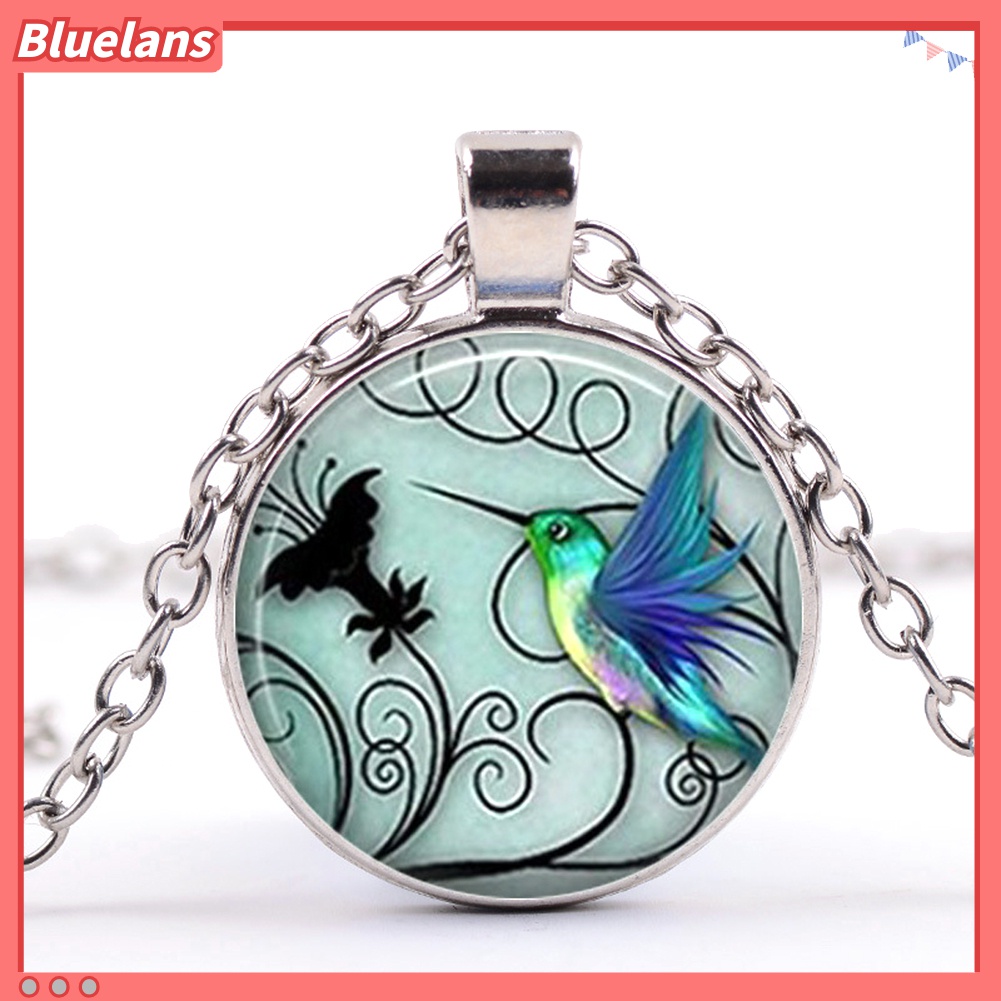 Kalung Rantai Dengan Liontin Kaca Cabochon Bentuk Burung Kolibri Gaya Vintage Untuk Hadiah