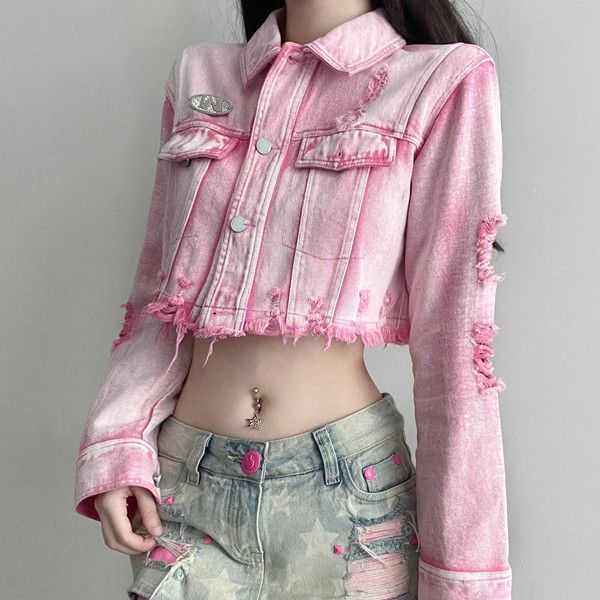 Nico##Jaket pendek/jaket jeans denim/jaket denim crop/vintage jacket/jaket pink wanita