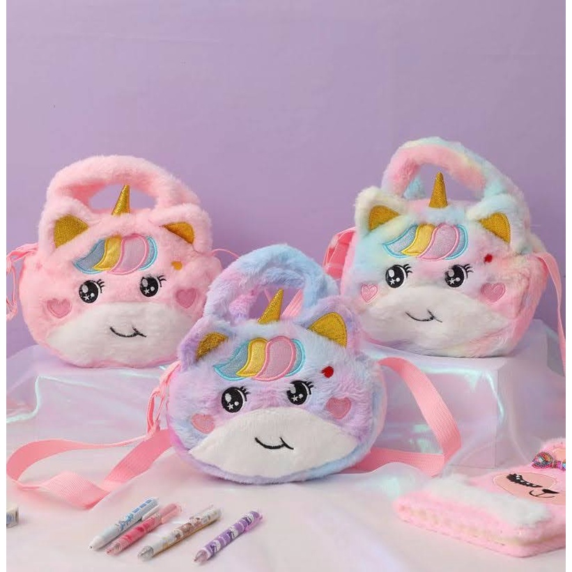 Skoola Tas Anak Perempuan PAUD Remaja Selempang Jinjing Unicorn Rainbow Lucu Bulu Kids Sling Bag - Bunbun Mocha Micha Michu