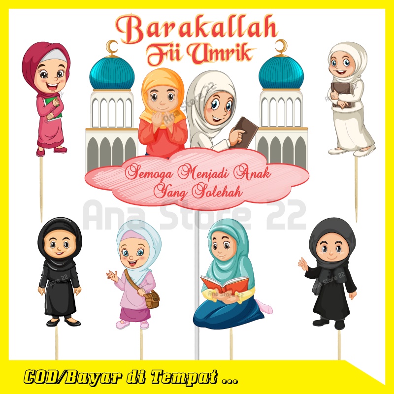 TOPPER CAKE HAPPY BIRTHDAY BARAKALLAH FII UMRIK KUE ULANG TAHUN KARAKTER ANAK SANTRI PEREMPUAN