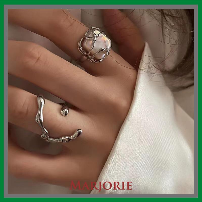 2PCS Cincin mutiara/cincin perak Korea retro Temperamen Pembukaan Tidak Teratur Cincin Dapat adjustable Cincin Wanita-MJD