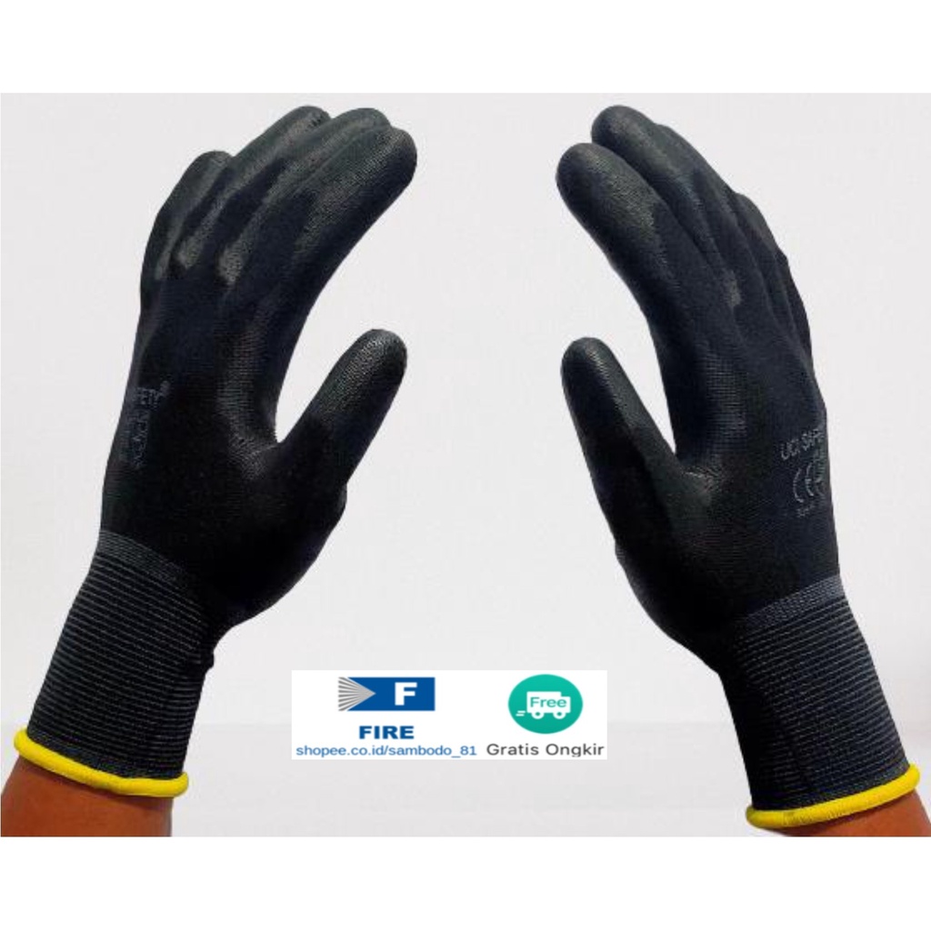 Sarung Tangan Palm Fit Ukuran S,M, L, XL Proyek Satpam Anti Slip Hitam Black Hand Gloves Mekanik Montir Berkebun Tukang Telapak Tangan dilapisi karet Bahan Nylon Polyester Elektronik Assembly Static Multi Purpose Polyurethane