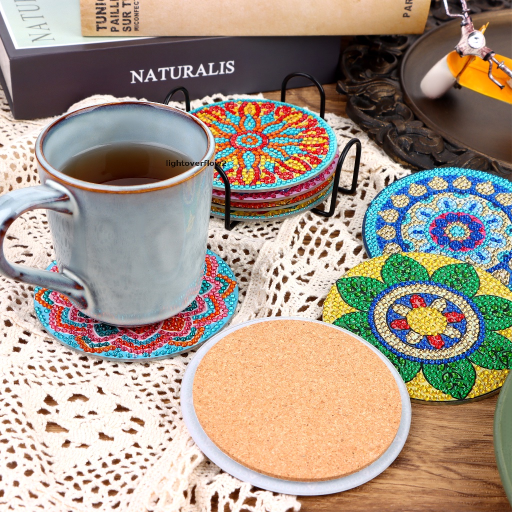 (lightoverflow2) 8 Pcs Coaster / Tatakan Gelas Motif Mandala Aksen Berlian Untuk Dekorasi DIY
