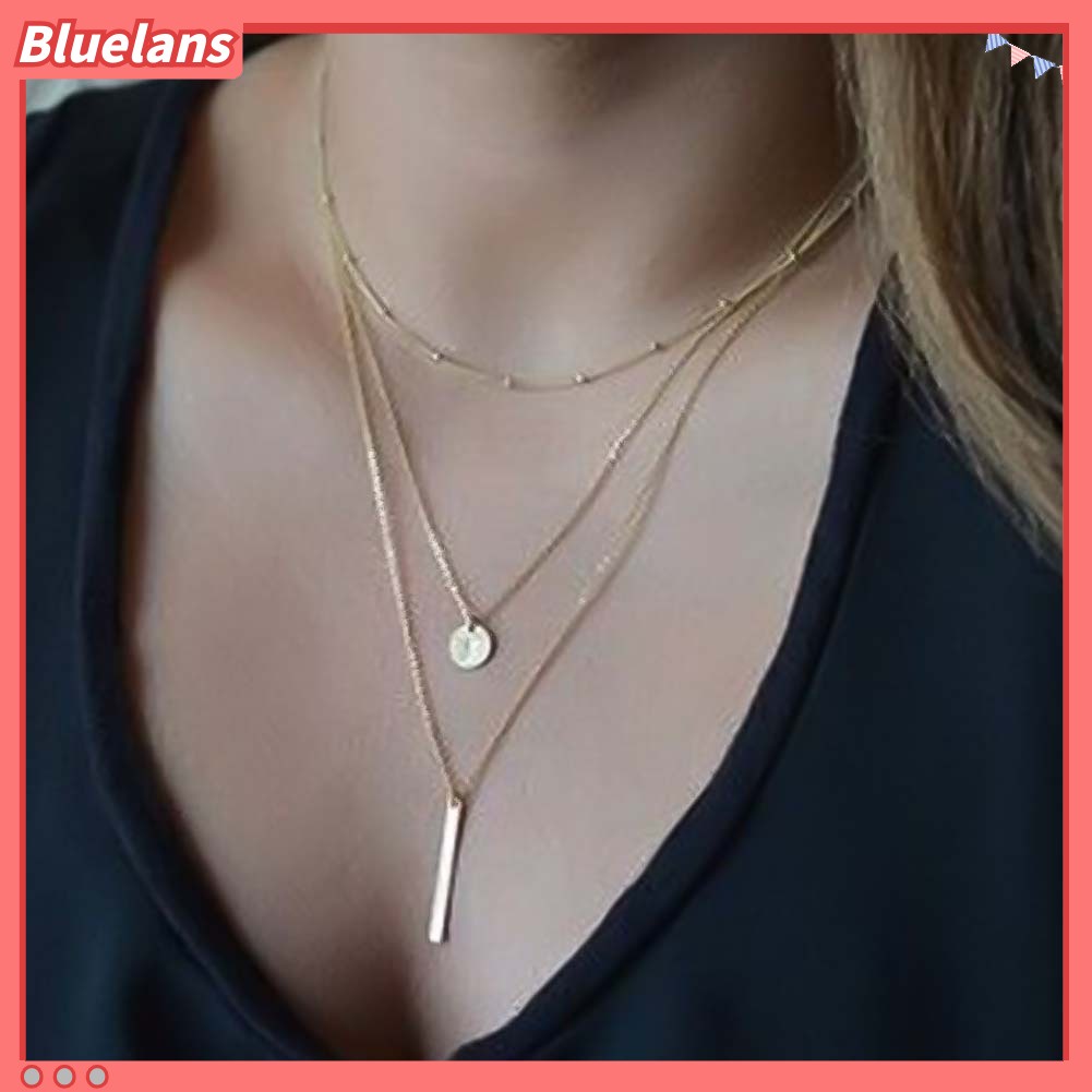 Bluelans Fashion Women 3 Layer Bar Round Pendant Long Chain Necklace Party Jewelry Gift