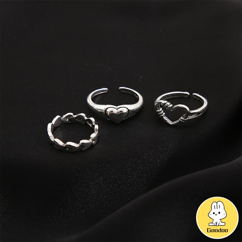 3pcs Cincin set korea Model Terbuka Desain Gelombang Hati Warna cincin Silver Gaya Vintage Wanita -Doo