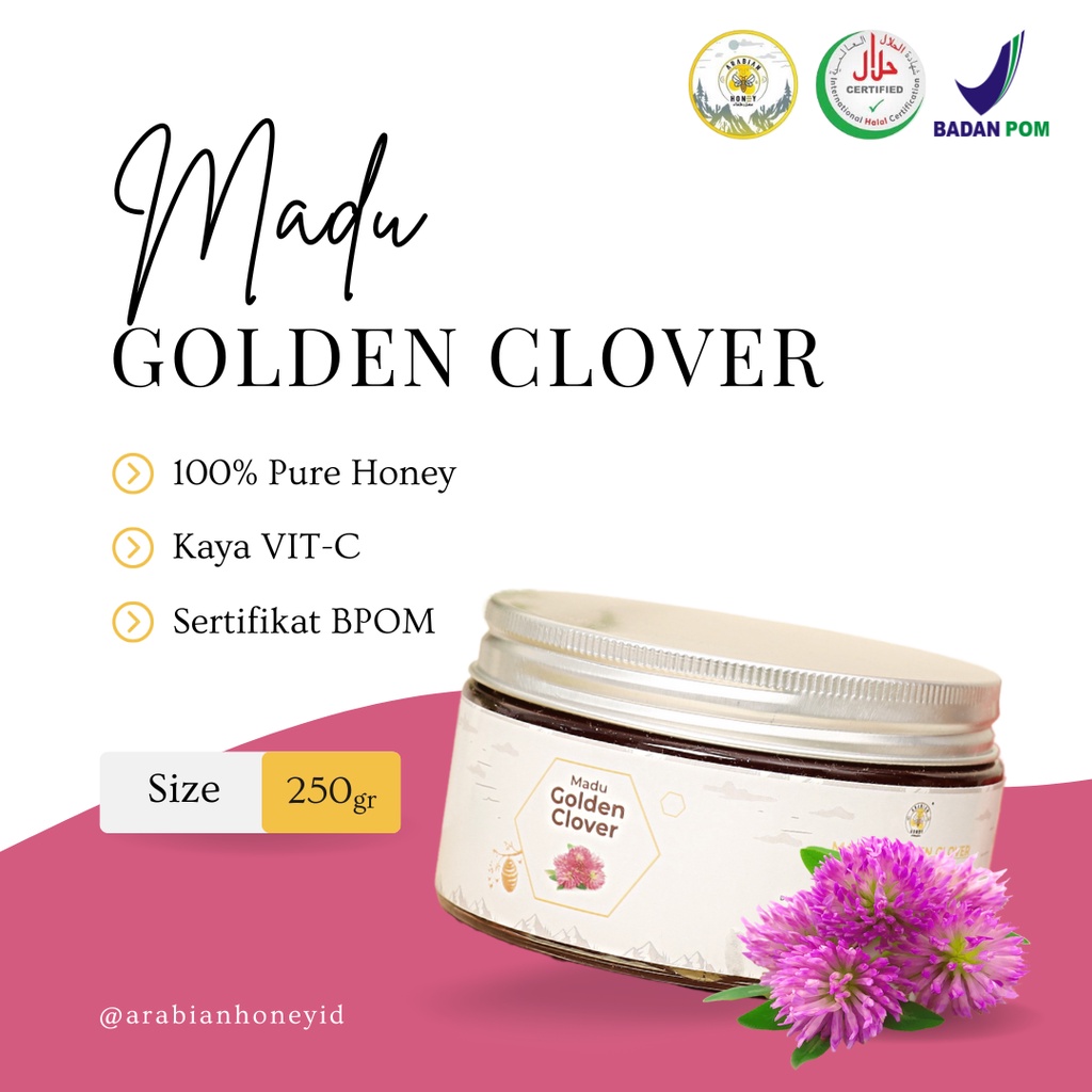 

Madu Golden Clover Honey 250gr - Baik Untuk Kulit - Baik Untuk Gangguan Pencernaan - Pure Honey