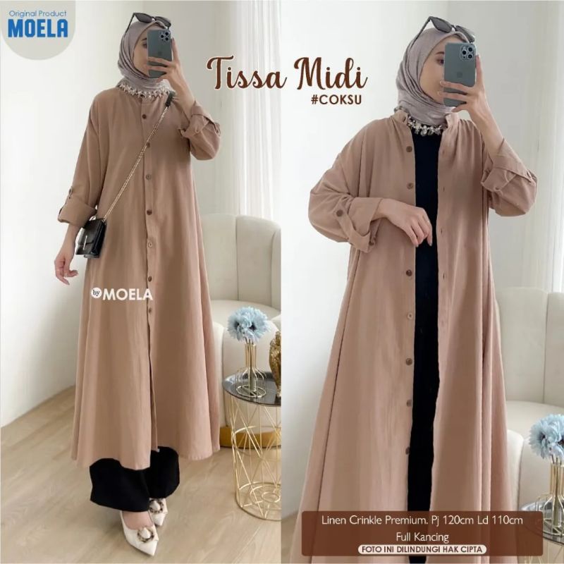 moela ori berlabel tissa mididress polos linen full kancing busui tunik polos