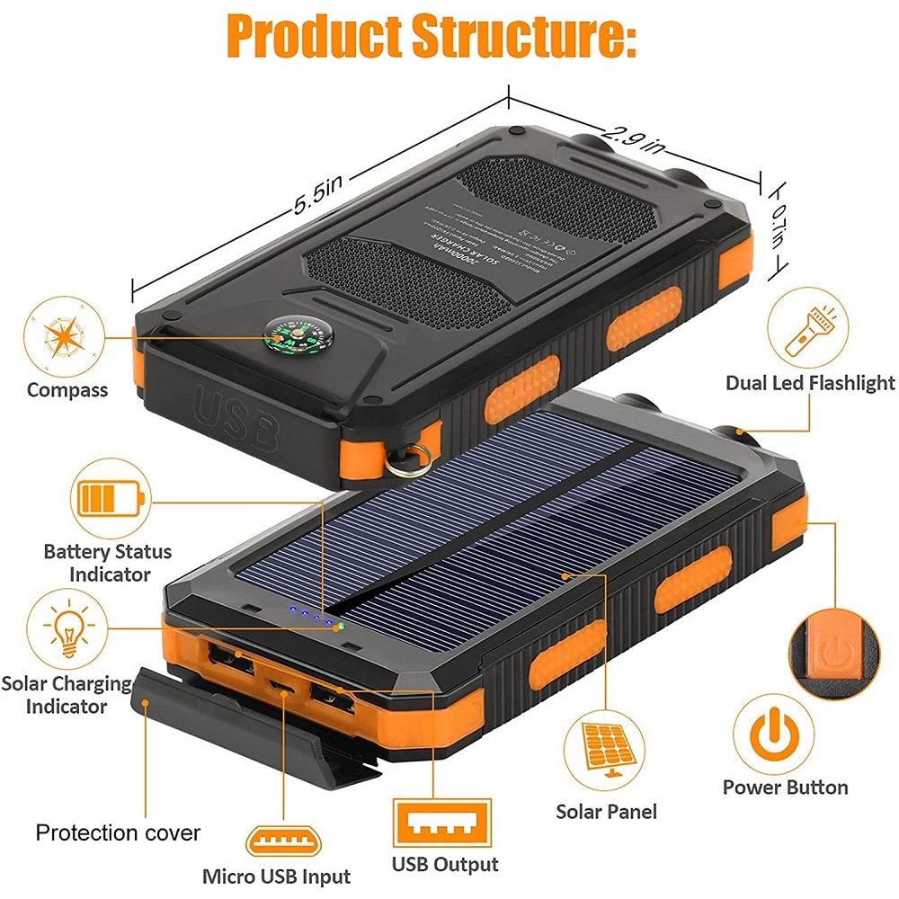Solar Powerbank 50000mAh Bank Daya berkapasitas tinggi Tahan Air Drop-proof dan Tahan Lama 2 Output Pengisian Cepat