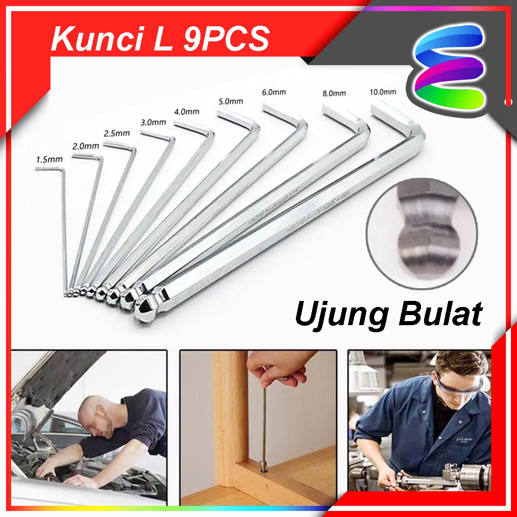 Kunci L Panjang Set 9 PCS Ujung Bulat Hex Key Wrench Huidi Tools