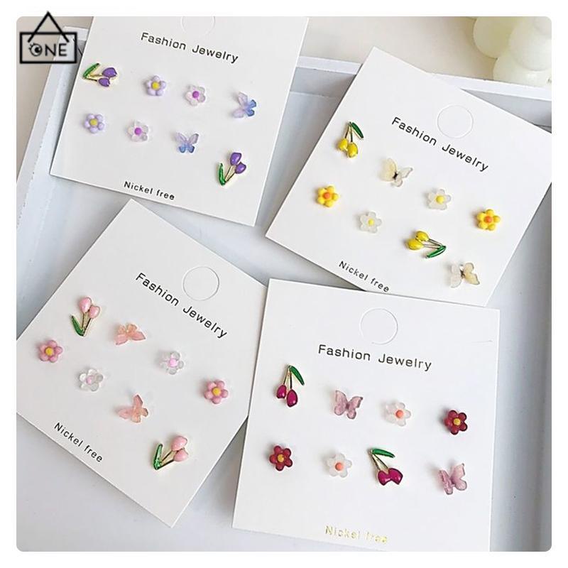 COD❤️Anting Set Perhiasan Anting-anting Kupu-kupu Bunga Berwarna-Warni-A.one