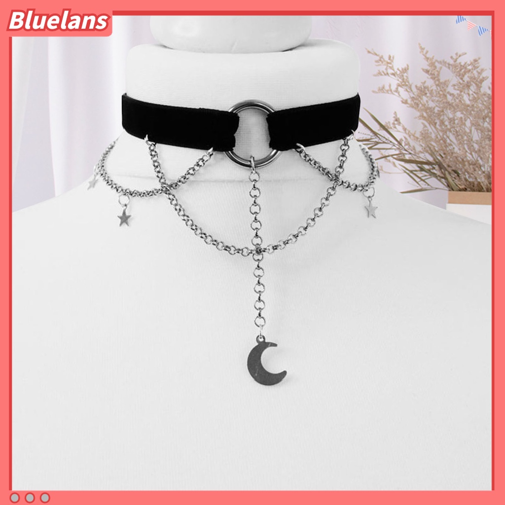 Kalung Choker Multi Rantai Bentuk Bulan Sabit Hollow Out Gaya Gothic Untuk Wanita