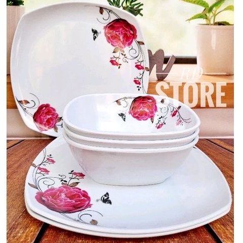 PROMO SET 6.PCS ISI 3.PIRING KOTAK SAJI 3.MANGKOK KOTAK MELAMINE MOTIF ROSE