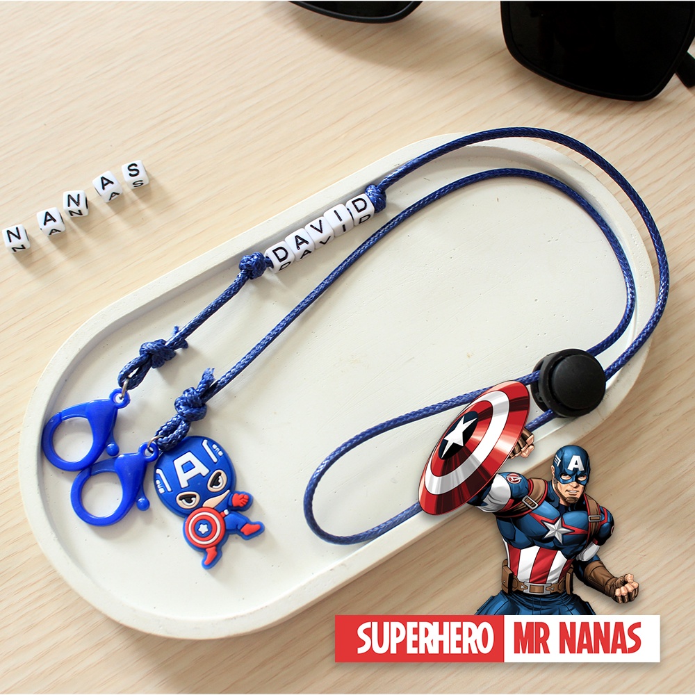 2 in 1 Tali Strap Masker FREE CUSTOM NAMA &amp; BONEKA SUPERHERO Anak-anak Laki-laki/Cowok Kalung Masker Mr Nanas