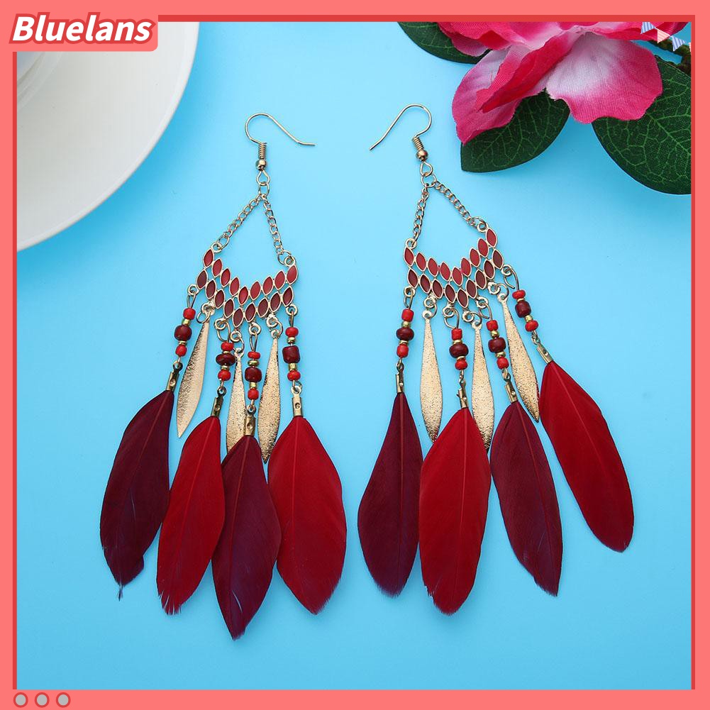 Anting Kait Gantung Panjang Desain Bulu Gaya Vintage Boho Untuk Wanita
