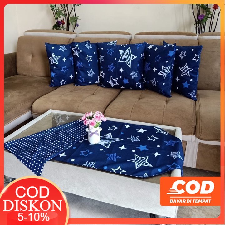 COD PAKET SARUNG BANTAL KURSI SOFA SET 5 PCS 40x40 DAN TAPLAK MEJA TAMU PREMIUM MEWAH ANEKA WARNA MO