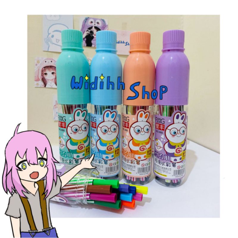 12pcs Spidol Lukis Anak - Anak / Spidol Mewarnai / Watercolor Pen Drawing / Pen Spidol Warna / Spidol Warna Botol