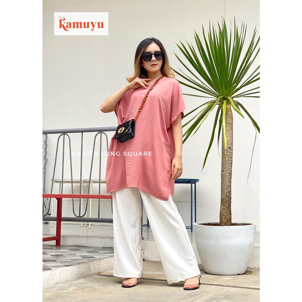 KAMUYU - NAGITA LONG SQUARE AIRFLOW CRINKLE BLOUSE ATASAN BIG SIZE WANITA OVERSIZED TOP CEWEK KASUAL Bisa COD