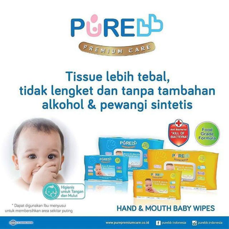 PUREBB Hand and Mouth Wipes 60's Cleansing Wipes, Tisue Basah Bayi Pure BB