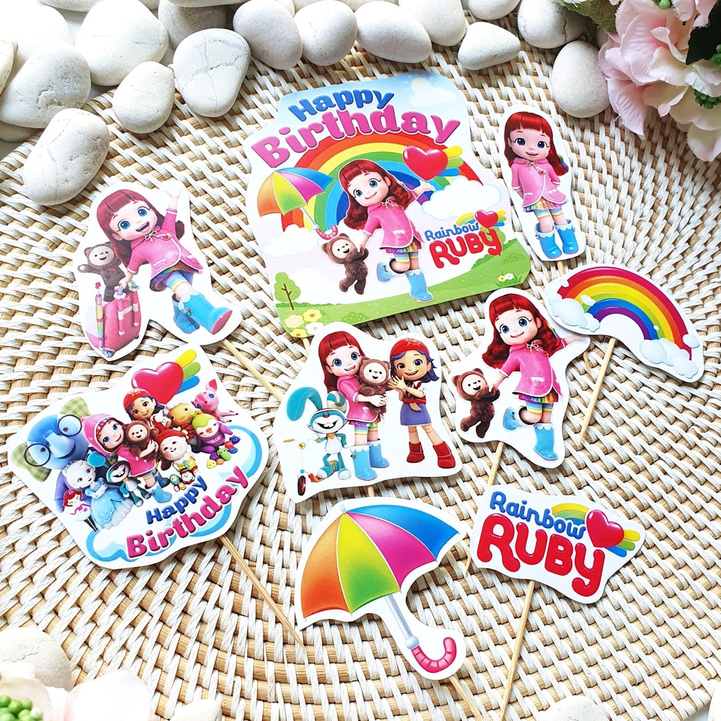 Rainbow Ruby Birthday Cake Topper Cupcake Pudding Hiasan Kue 1 set