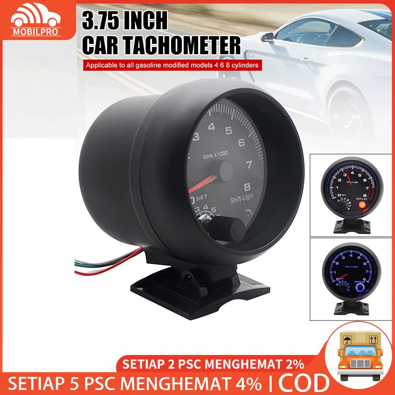 3.75 Universal Mobil Warna Hitam Ukuran Tachometer Tacho Meteran Pengukur LED Shift Lampu 0-8000 RPM Universal