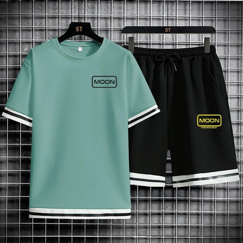 SETELAN PRIA COWOK ONE SET KAOS MOON LENGAN PENDEK + CELPEN SANTAI
