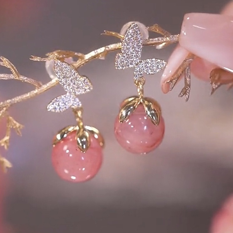 Anting Stud Desain Kupu-Kupu Full Berlian Warna Pink Gaya Korea Untuk Wanita