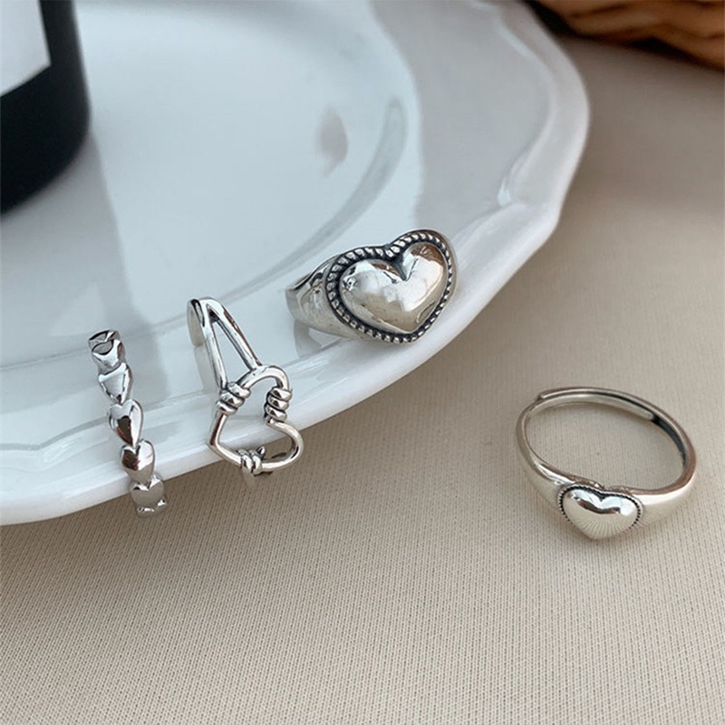 Fancyqube 4pcs / Set Cincin Model Terbuka Dapat Disesuaikan Warna Silver Gaya Retro Vintage Untuk Wanita